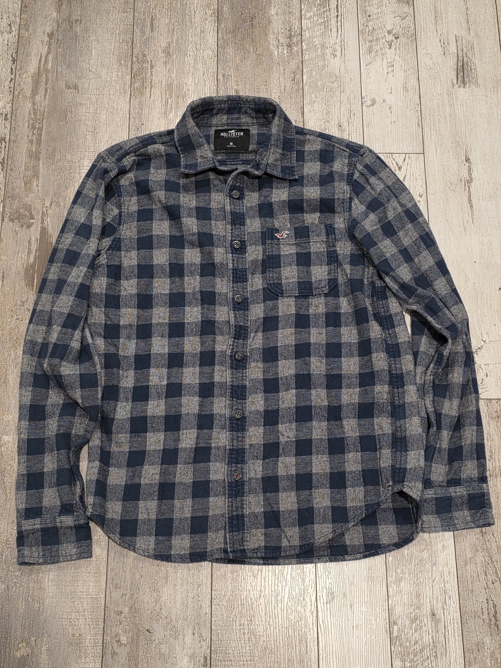 (M) Men's Hollister Casual Flannel Shirt Blue Gray Checkered 100% Cotton Medium